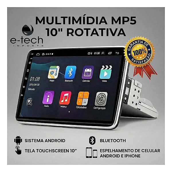 Central Multimídia 10" Polegadas Rotativa 1din Sistema Android Bluetooth Espelhamento Carplay Android Auto