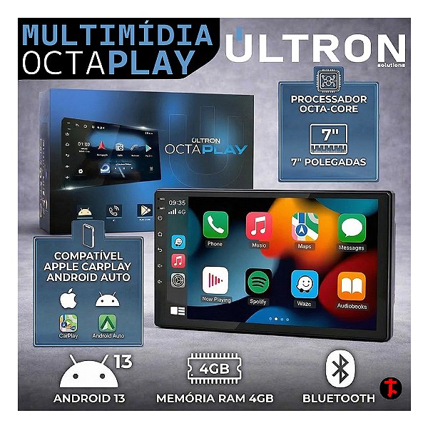 Central Multimídia OCTA PLAY Ultron 7" Pol Android13 4Gb Ram 64gb Memória Interna Com Apple Carplay Android Auto Netflix Spotify YouTube