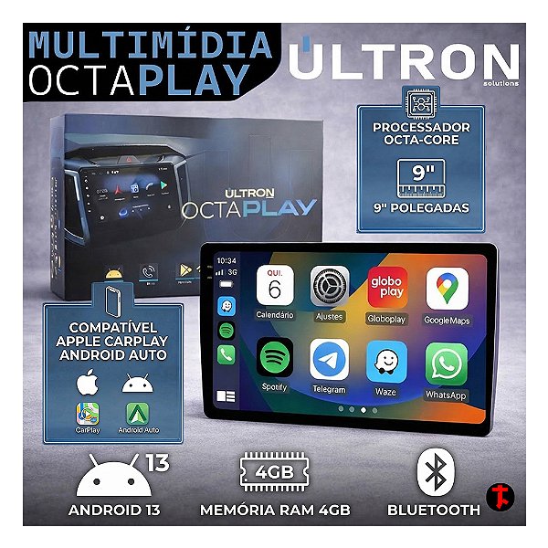 Central Multimídia OCTA PLAY Ultron 9" Pol Android13 4Gb Ram 64gb Memória Interna Com Apple Carplay Android Auto Netflix Spotify YouTube