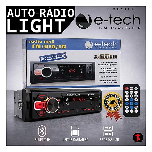 Rádio Automotivo E-Tech Light USB Pen Drive Cartão Sd Bluetooth Troca Pastas Som Automotivo Carro Música Rádio Barato