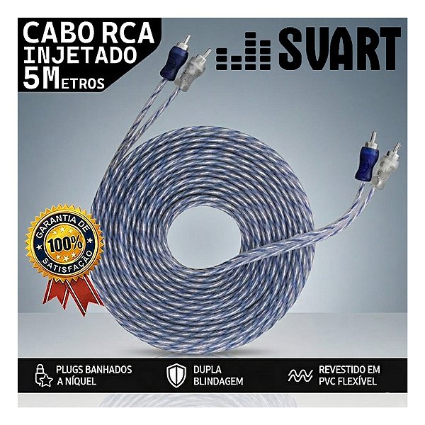 Cabo Rca Injetado 5 Metros Prata Azul 4mm Svart by tech One Som Automotivo Carro Som