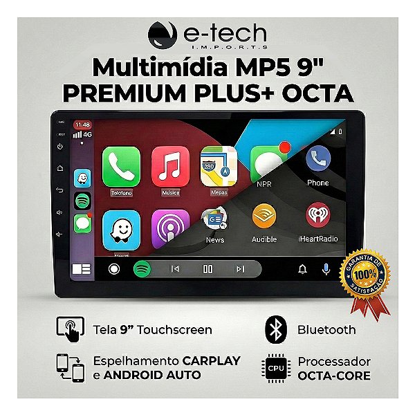 Central Multímidia 9" POL Premium Plus+ Octa Core E-tech Espelhamento Android Auto Carplay