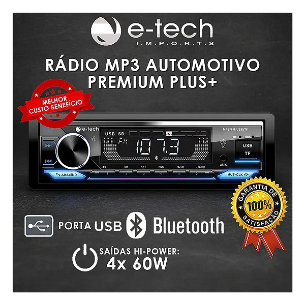 Rádio Automotivo E-tech Premium Plus+ Bluetooth Fm Mp3 Pen-Drive Usb Sd Custo Benefício Display Multicolor