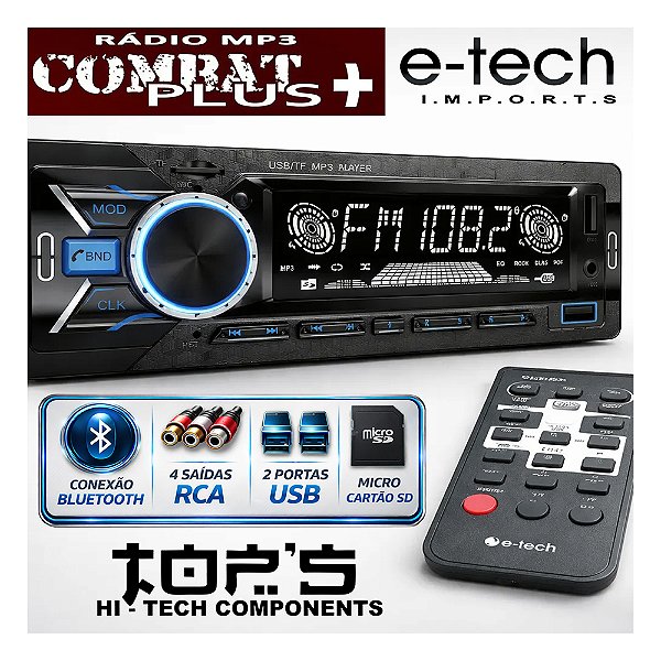 Rádio Automotivo MP3 E-Tech Combat Plus USB Pen Drive Micro Cartão Sd Bluetooth Som Automotivo Carro Música Rádio Barato