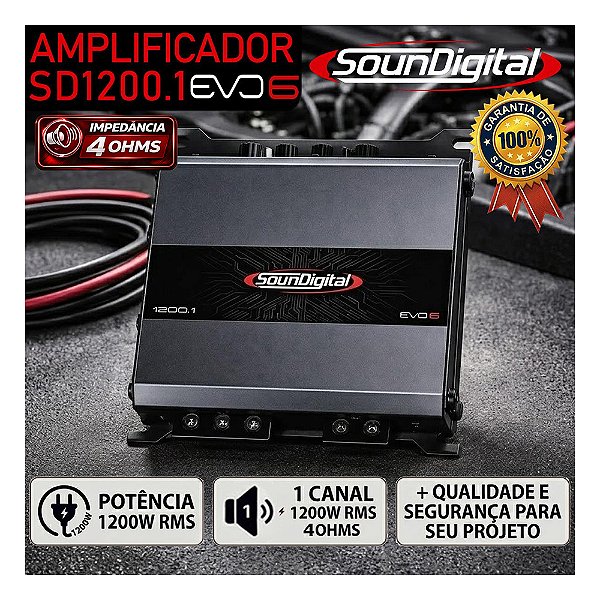 Módulo Amplificador Soundigital SD1200.1 1200w Rms SD1200 EVO6 4OHMS Som Automotivo Som de Qualidade