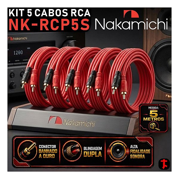 Kit 5 Cabos Rca 5 Metros Nakamichi NK-RCP5S Som Automotivo de Qualidade