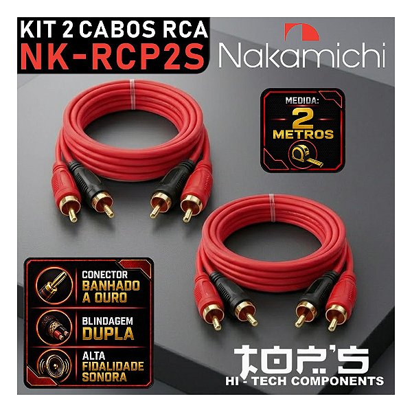 Kit 2 Cabos Rca 2 Metros Nakamichi NK-RCP2S Som Automotivo de Qualidade