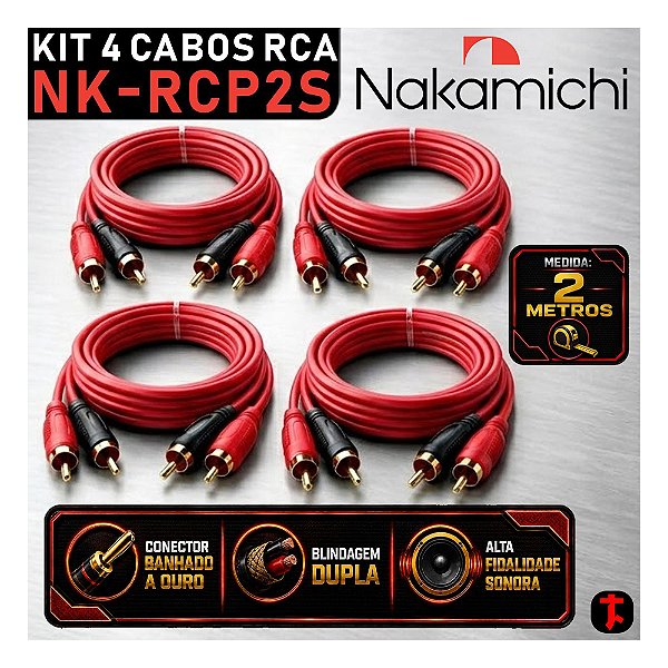 Kit 4 Cabos Rca 2 Metros Nakamichi NK-RCP2S Som Automotivo de Qualidade