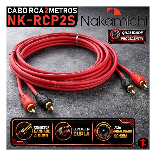 Cabo Rca Som Automotivo NAKAMICHI NK-RCP2S 2 Metros Plug Ouro Som de Qualidade