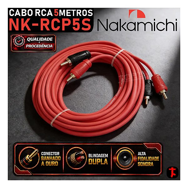 Cabo Rca Som Automotivo NAKAMICHI NK-RCP5S 5 Metros Plug Ouro Som de Qualidade