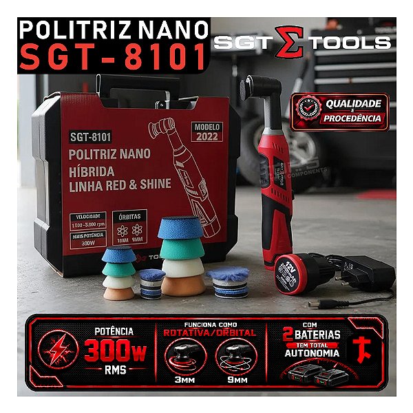 Politriz Nano Híbrida SGT-8101 300w 12v 2 Baterias Sigma Tools Estética Automotiva Limpeza Veicular