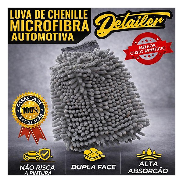 Luva Microfibra Cinza Chenile Detailer Lava Carros Moto Casa Ultra Macia