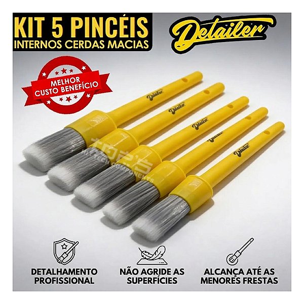 Kit 5 Pincéis Internos Cerdas Macias Detailer Limpeza Carro Estética Automotica Cuidado Veicular