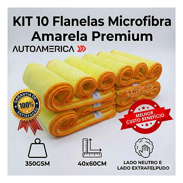 Kit 10x Flanelas Microfibra Amarela Premium 40x60cm 350GSM AutoAmerica Limpeza Automotivo Uso Doméstico
