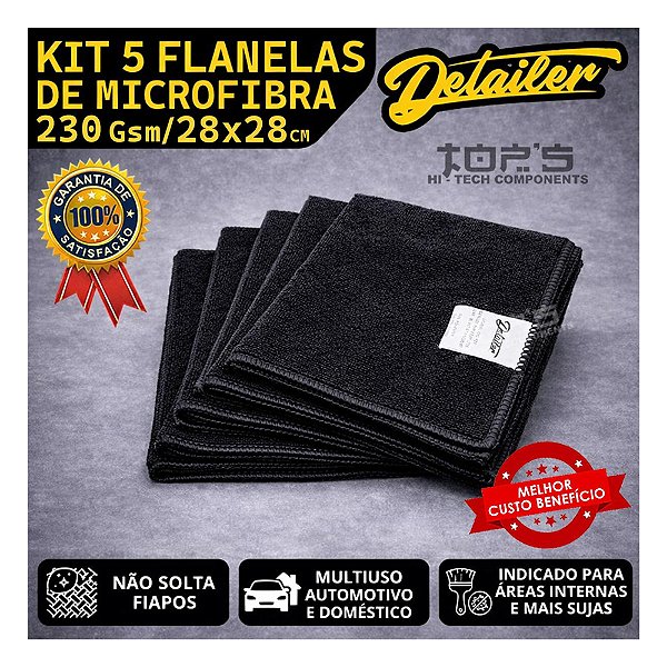 Kit 5 Flanelas Microfibra Preta 28x28cm 230gsm Detailer Pano Cuidado Automotivo Estética Automotiva Uso Doméstico