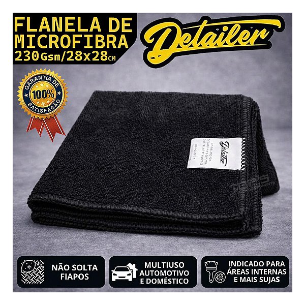 Flanela Microfibra Preta 28x28cm 230gsm Detailer Pano Cuidado Automotivo Estética Automotiva Uso Doméstico