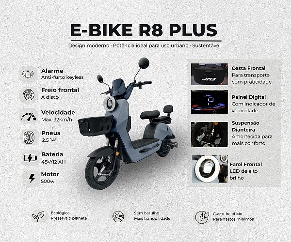 Bicicleta Elétrica JR8 R8 Plus – Design Moderno e Alta Eficiência