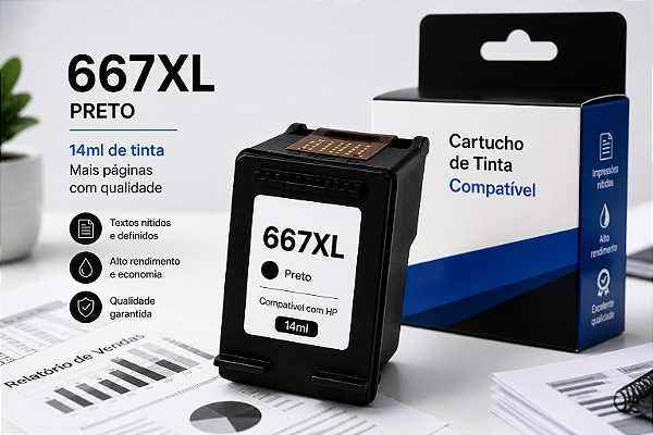 Cartucho de tinta compatível com HP 667 Xl Bk Preto com 14ml de tinta Microjet