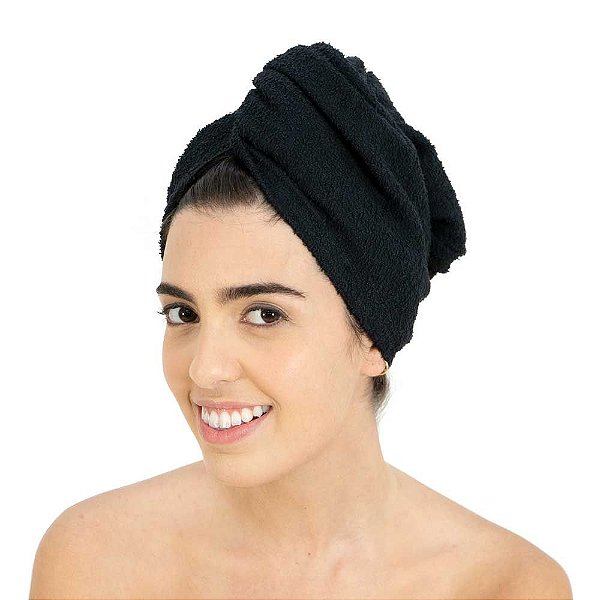 Toalha Atoalhada com Botão para Cabelo Preta