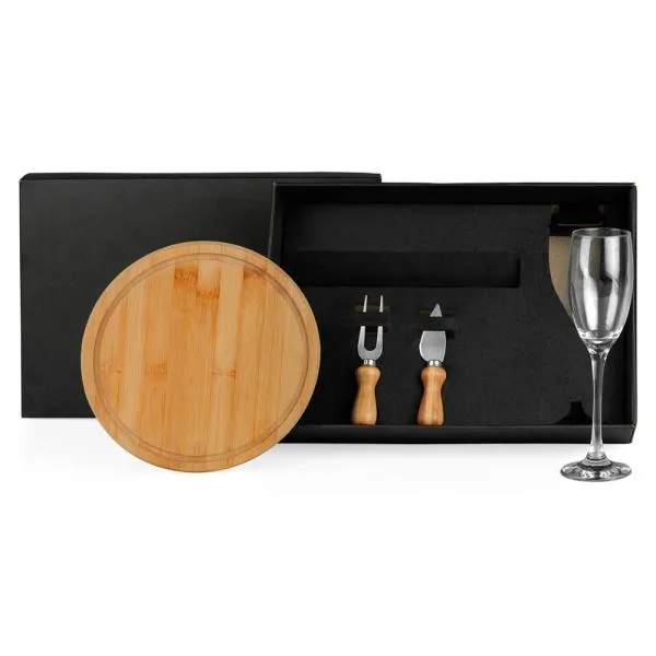 Conj. Para Queijo Em Bambu C/ Taça P/ Champagne - 4 Peças