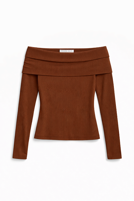 Blusa ombro a ombro canelada marrom