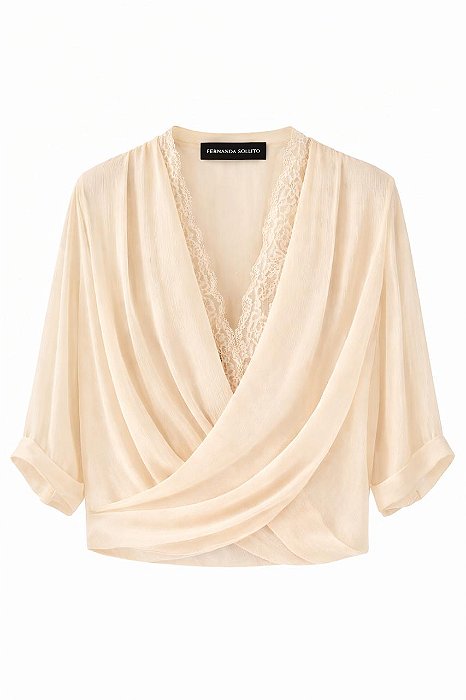 Blusa Cachequer chiffon Plissado dupla com renda off