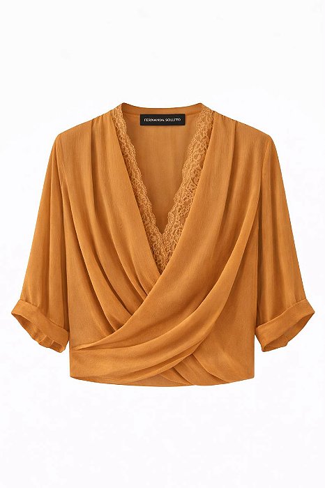 Blusa Cachequer chiffon Plissado dupla com renda terracota