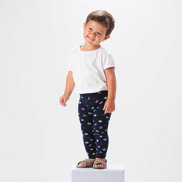 Calça Legging Infantil Masculino em Meia Marinho com Micro Estampa Pimpolho Tamanho 21 ao 25