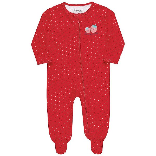 Macacão para Bebê Feminino Manga Longa Vermelho Poá Moranguinho Kamylus