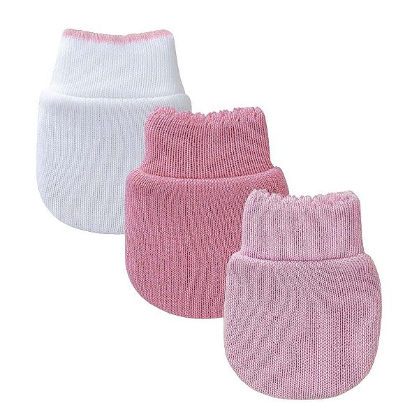 Kit com 3 Luvas Para Bebê Feminino Rosa Branco e Rosê Pimpolho