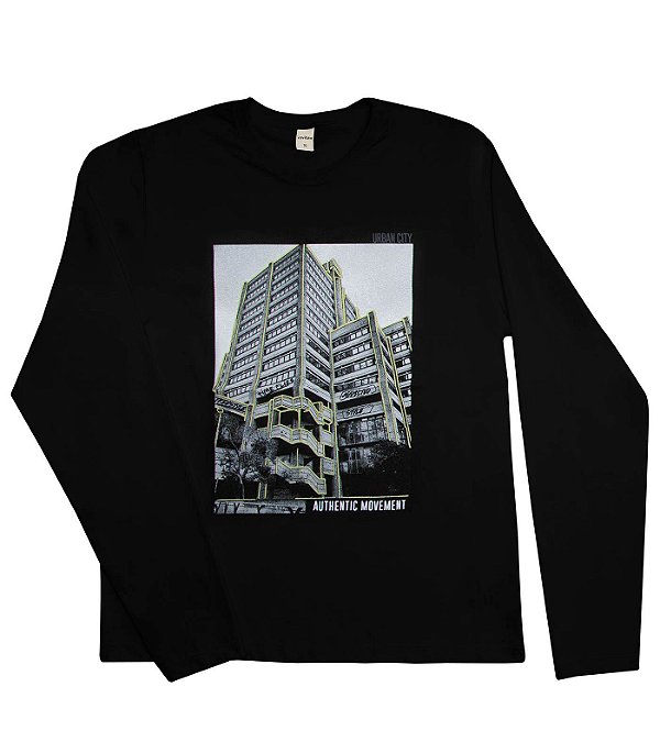 Camiseta Manga Longa Juvenil Preta Urban City Rovitex Teen
