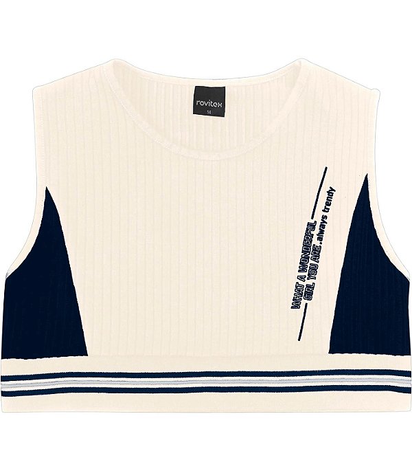Blusa Cropped Juvenil Feminina sem Manga Offwhite e Marinho Rovitex Teen