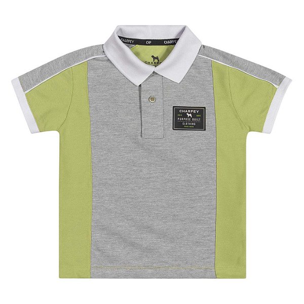 Polo Infantil Masculina em Piquet Cinza e Verde Charpey