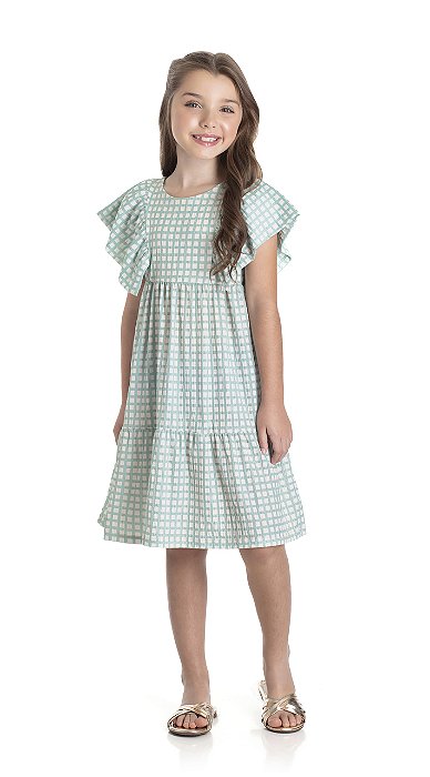 Vestido Infantil Estampa Xadrez Verde Claro TMX