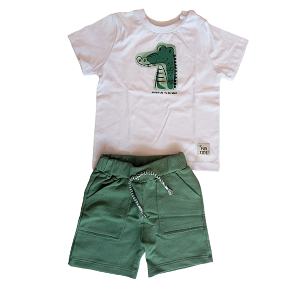 Conunto para Bebê Masculio com T-shirt Branca Estampa Jacaré e Bermuda em Moletinho Verde TMX