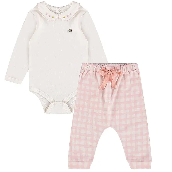 Conjunto para Bebê Menina com Body Manga Longa com Gola Bordada Offwhite e Calça Xadrez Rosa Up Baby