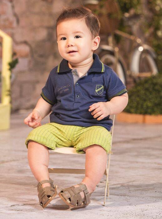 Conjunto Infantil Camisa Polo Marinho e Bermuda Risca de Giz Verde Sonho Mágico