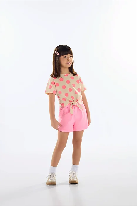 Blusa Infantil Feminina Manga Curta com Bolinhas Rosa Neon Quimby