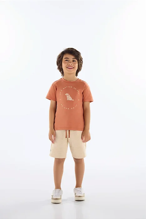 Conjunto Infantil Masculino com Camiseta Marrom e Bermuda Bege Quimby