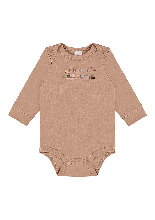 Body Manga Longa em Suedine Marrom com Estampa Fazendinha Up Baby