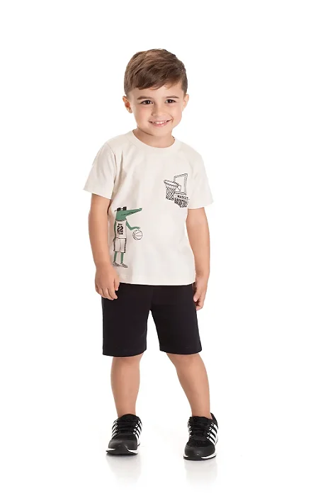 Conjunto Infantil Masculino com Camiseta Marfim e Bermuda em Moletinho Preta TMX