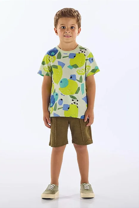Camiseta Infantil Masculina em Malha Flamê com Estampa Abstrata Verde e Azul Up Baby