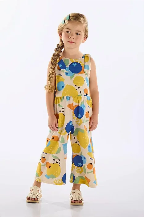 Macacão Infantil Feminino em Malha Flamê com Estampa Abstrata Colorida Up Baby