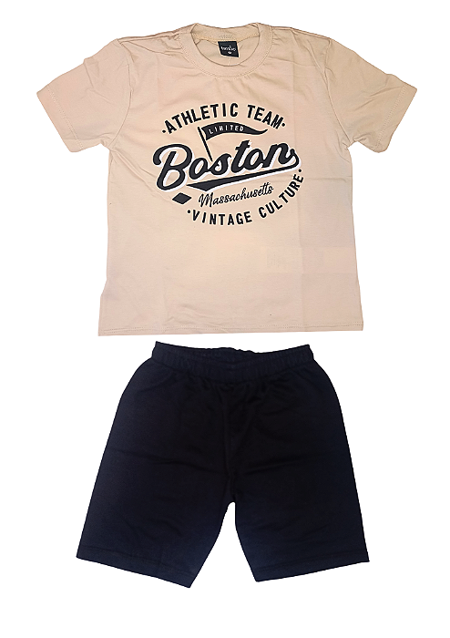 Conjunto Infantil Masculino com Camiseta Bege e Bermuda em Moletinho Preta TMX