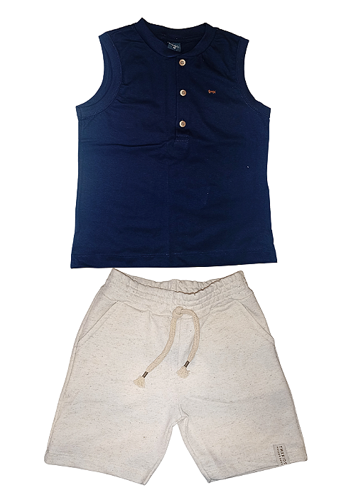 Conjunto Infantil Masculino com Regata Machão marinho com Botões e Bermuda em Moletinho com Linho Cru TMX