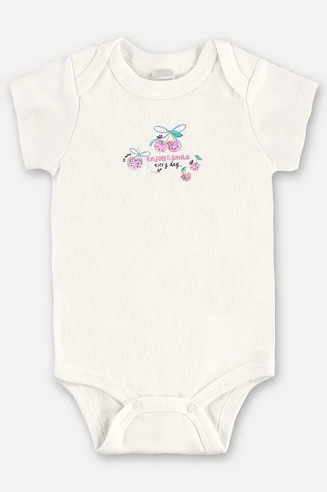Body para Bebê Menina em Suedine Lisa Offwhite Estampada com Cerejas Up Baby