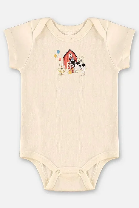 Body para Bebê Menino Bege em Suedine Lisa Estampada com Bichinhos na Fazenda Up Baby
