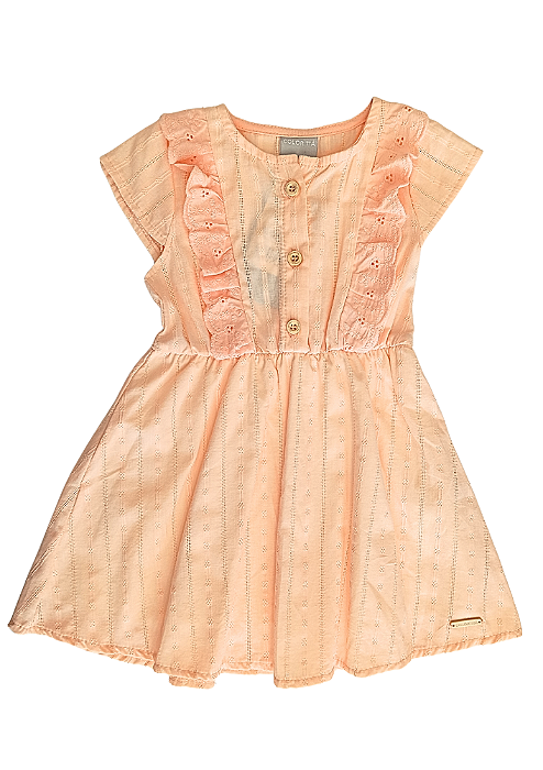 Vestido Infantil em Tecido Salmão com Babado em Laise Bordada Coloritta