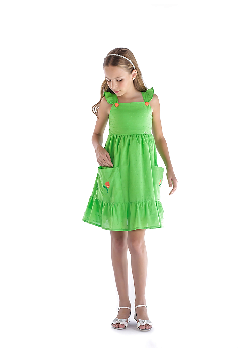 Vestido Infantil em Tecido Verde com Bordado Tulipa Linna Valentinna