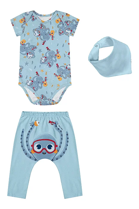 Kit para Bebê Masculino com Babador Body e Calça na Cor Azul Estampado com Bichinhos do Mar Elian